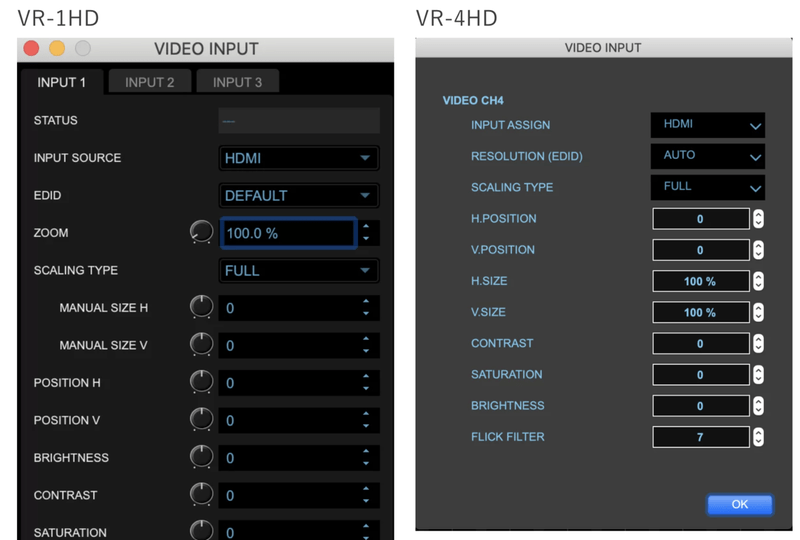VR-1HDとVR-4HDのVIDEO INPUT違い